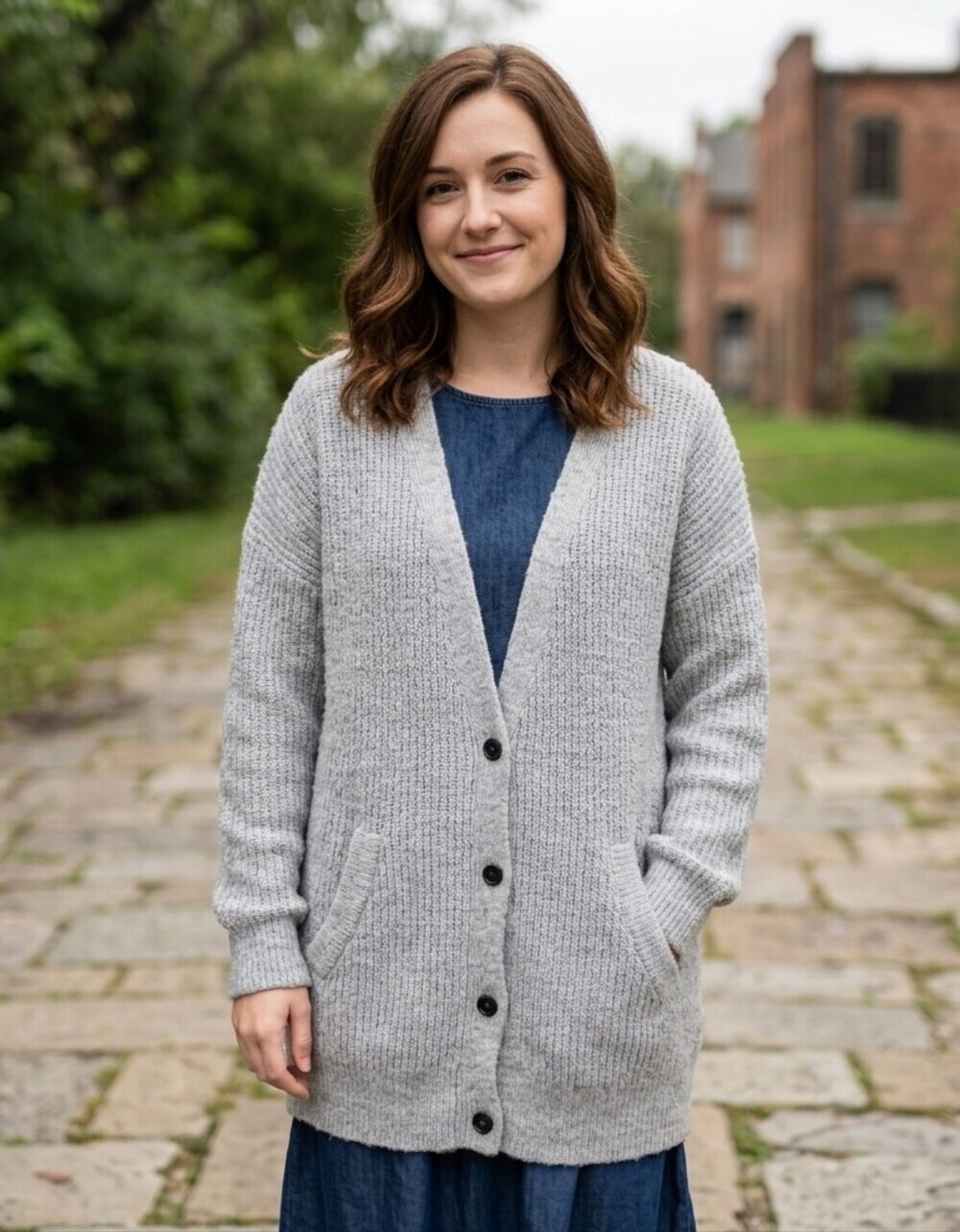 Free People Gray Knit V-Neck Button Front Cardigan Sweater w/ Pockets Medium